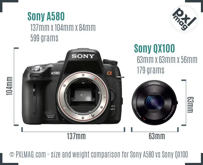 Sony A580 vs Sony QX100 size comparison