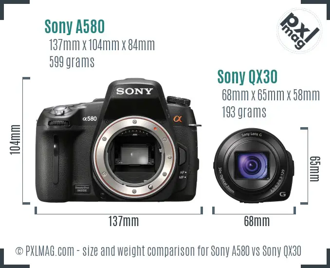 Sony A580 vs Sony QX30 size comparison