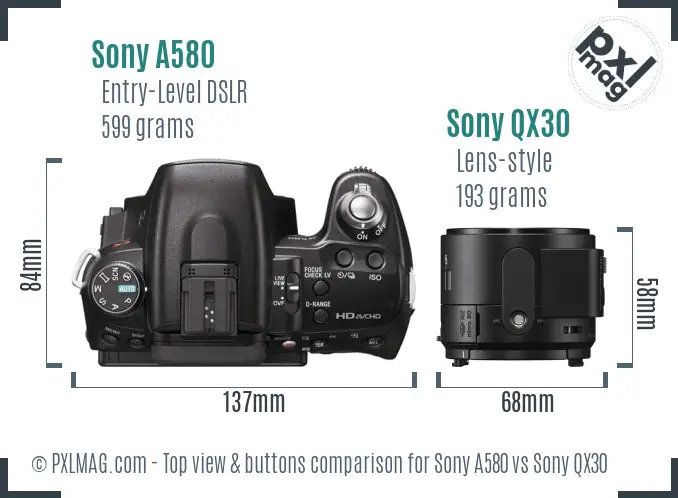 Sony A580 vs Sony QX30 top view buttons comparison