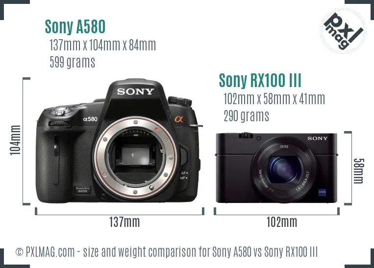 Sony A580 vs Sony RX100 III size comparison