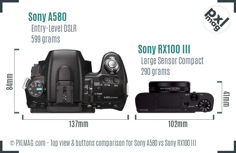 Sony A580 vs Sony RX100 III top view buttons comparison