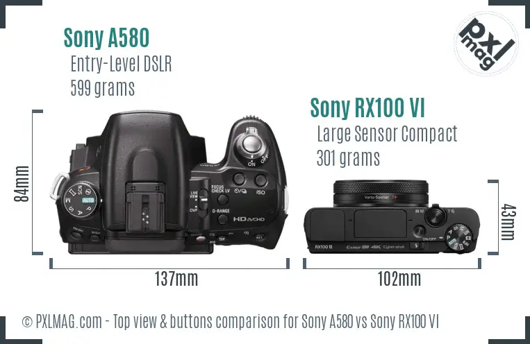 Sony A580 vs Sony RX100 VI top view buttons comparison