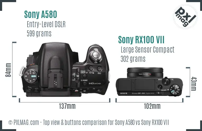 Sony A580 vs Sony RX100 VII top view buttons comparison