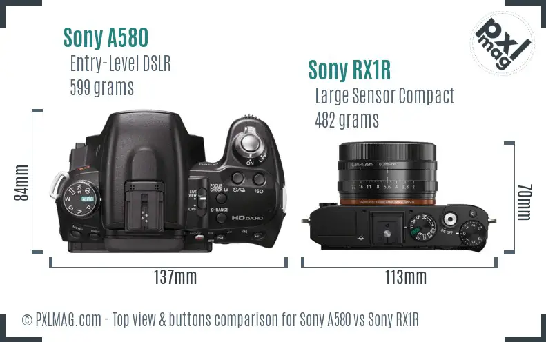Sony A580 vs Sony RX1R top view buttons comparison