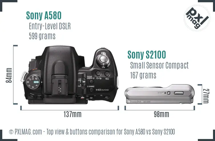 Sony A580 vs Sony S2100 top view buttons comparison