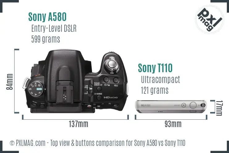 Sony A580 vs Sony T110 top view buttons comparison