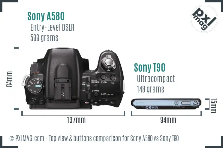 Sony A580 vs Sony T90 top view buttons comparison