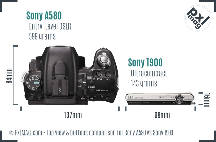 Sony A580 vs Sony T900 top view buttons comparison