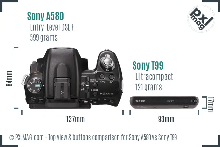 Sony A580 vs Sony T99 top view buttons comparison