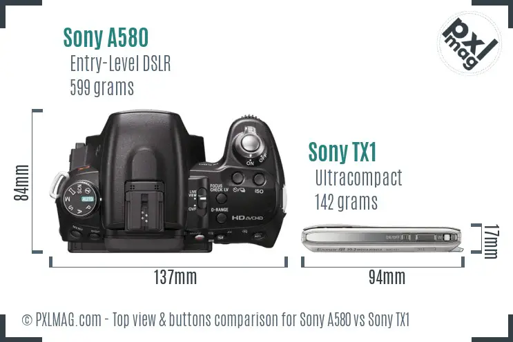 Sony A580 vs Sony TX1 top view buttons comparison