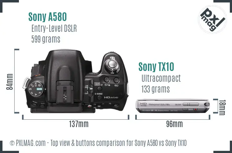 Sony A580 vs Sony TX10 top view buttons comparison