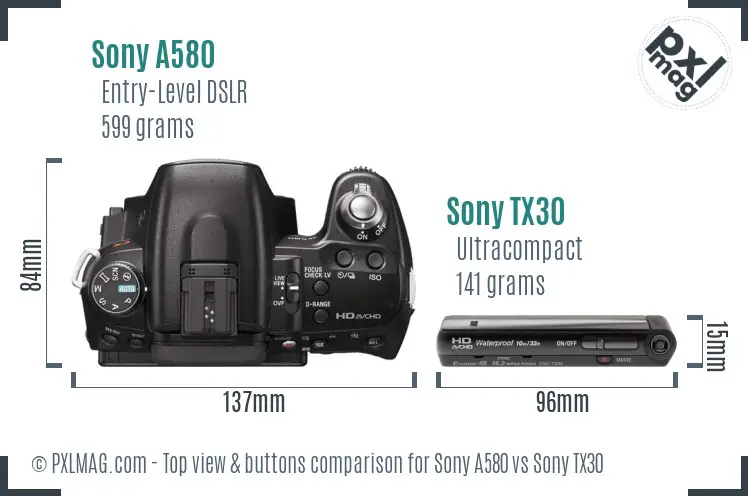 Sony A580 vs Sony TX30 top view buttons comparison