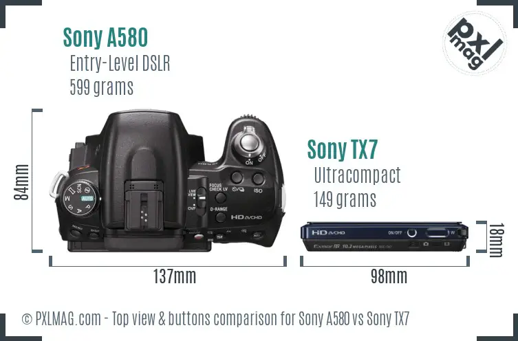 Sony A580 vs Sony TX7 top view buttons comparison