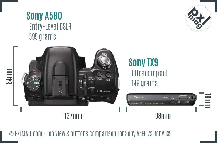 Sony A580 vs Sony TX9 top view buttons comparison