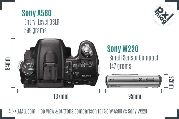 Sony A580 vs Sony W220 top view buttons comparison