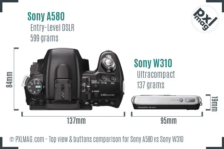 Sony A580 vs Sony W310 top view buttons comparison