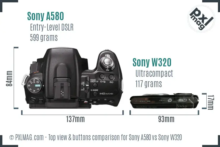 Sony A580 vs Sony W320 top view buttons comparison