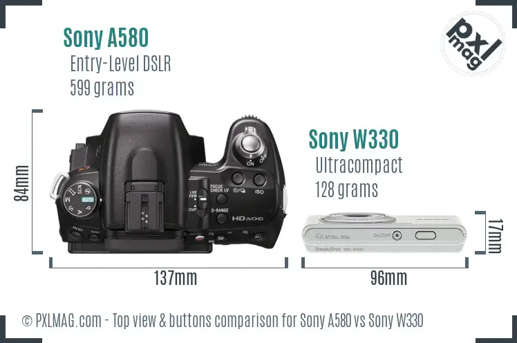 Sony A580 vs Sony W330 top view buttons comparison