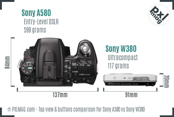 Sony A580 vs Sony W380 top view buttons comparison