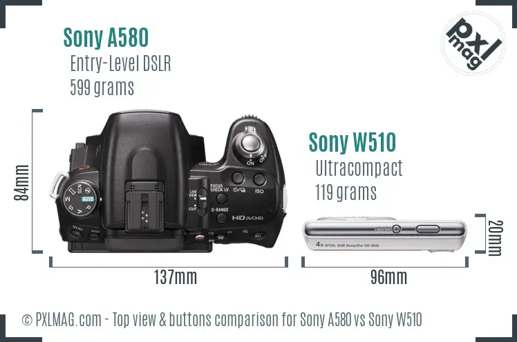 Sony A580 vs Sony W510 top view buttons comparison