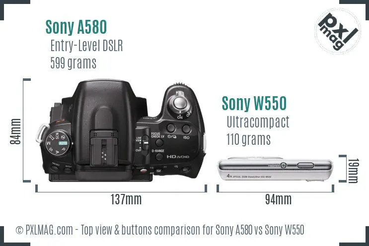 Sony A580 vs Sony W550 top view buttons comparison