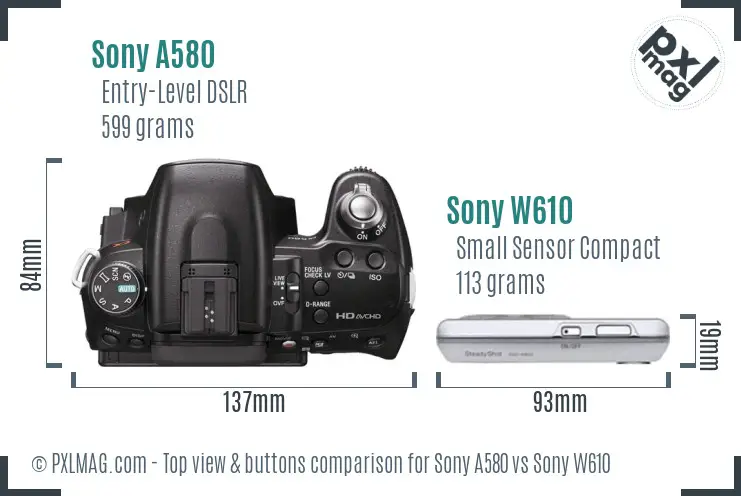 Sony A580 vs Sony W610 top view buttons comparison