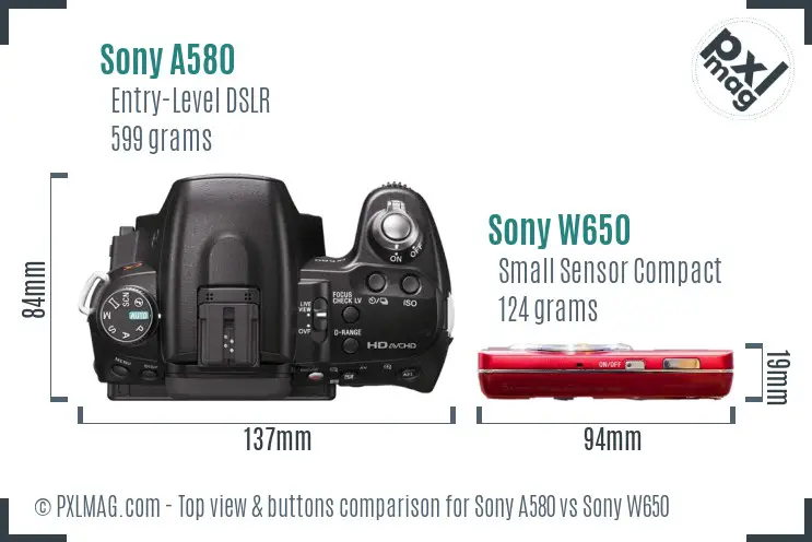 Sony A580 vs Sony W650 top view buttons comparison
