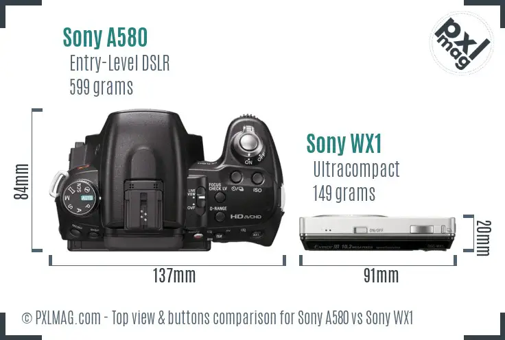 Sony A580 vs Sony WX1 top view buttons comparison