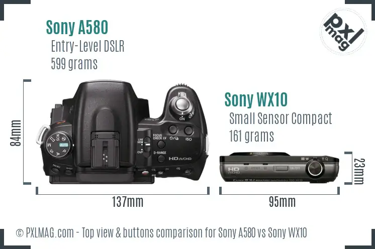 Sony A580 vs Sony WX10 top view buttons comparison