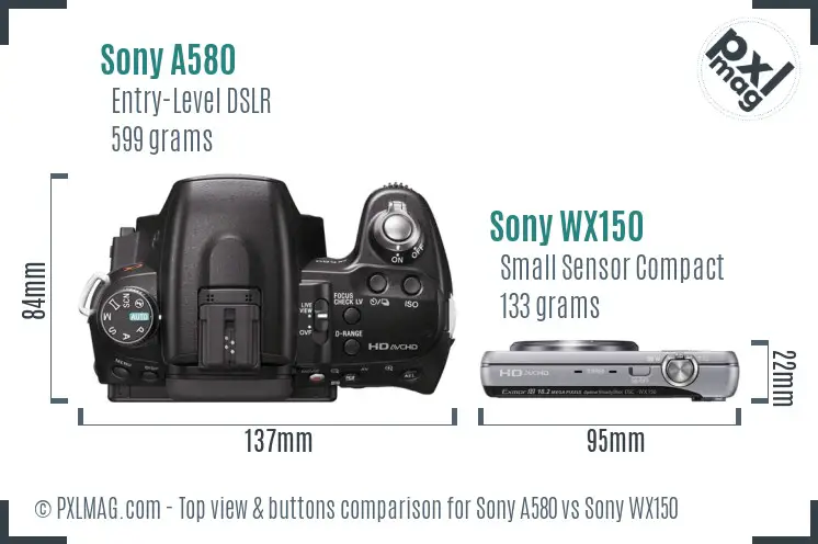Sony A580 vs Sony WX150 top view buttons comparison