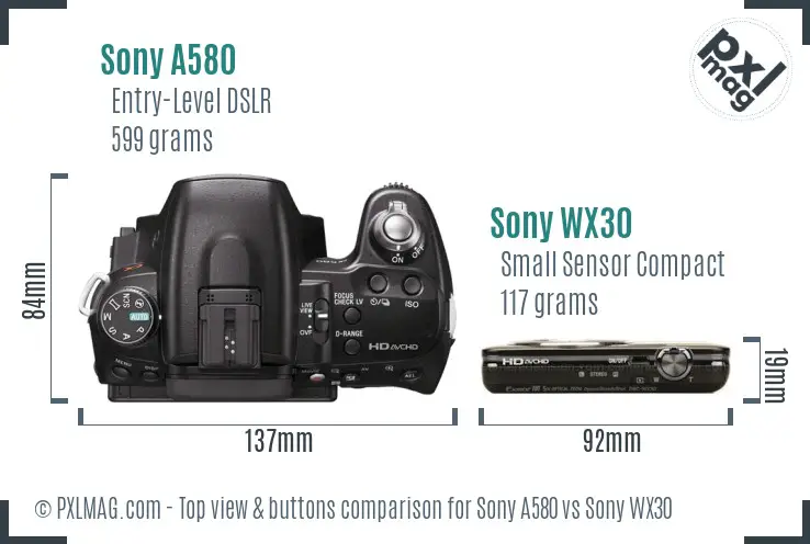 Sony A580 vs Sony WX30 top view buttons comparison