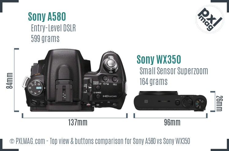 Sony A580 vs Sony WX350 top view buttons comparison
