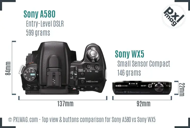 Sony A580 vs Sony WX5 top view buttons comparison