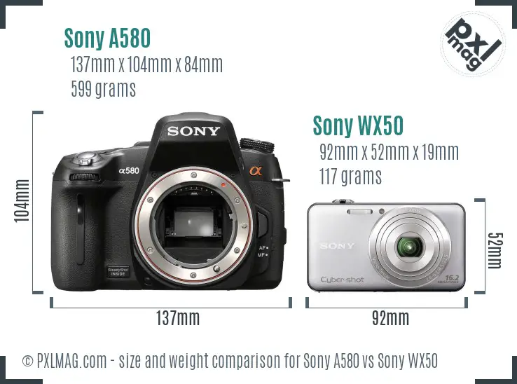 Sony A580 vs Sony WX50 size comparison