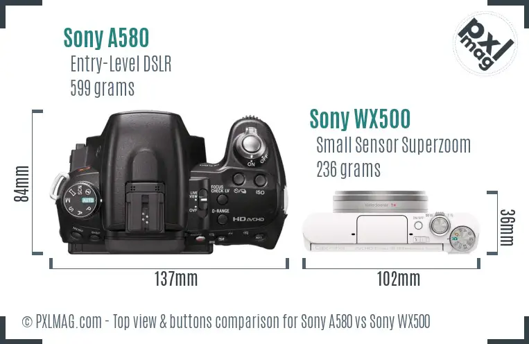 Sony A580 vs Sony WX500 top view buttons comparison