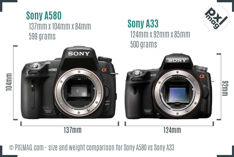 Sony A580 vs Sony A33 size comparison