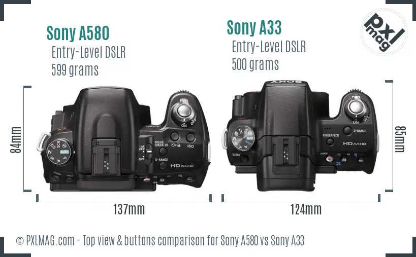 Sony A580 vs Sony A33 top view buttons comparison