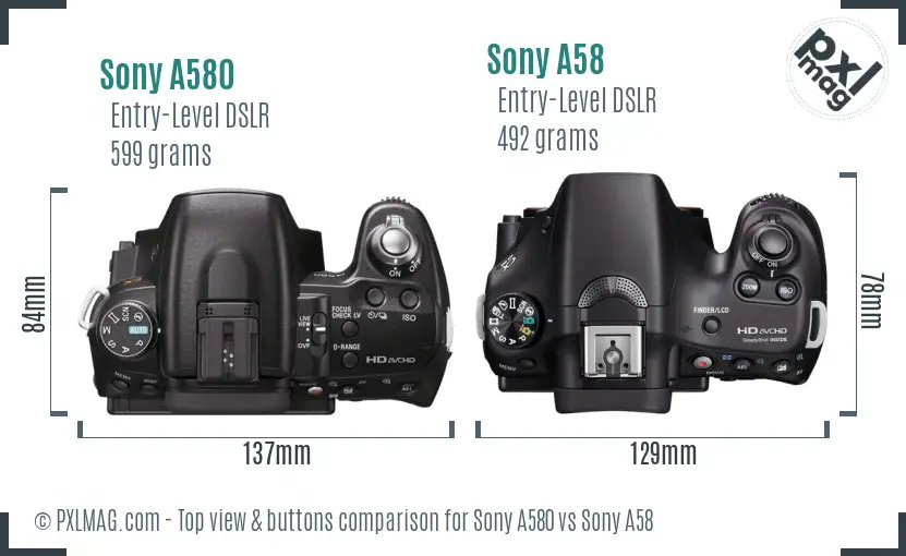 Sony A580 vs Sony A58 top view buttons comparison