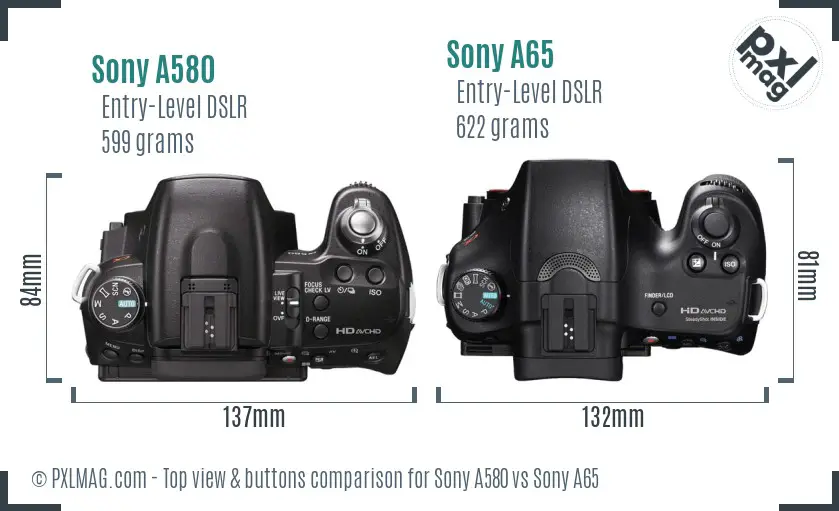Sony A580 vs Sony A65 top view buttons comparison