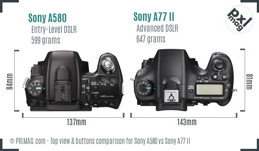 Sony A580 vs Sony A77 II top view buttons comparison