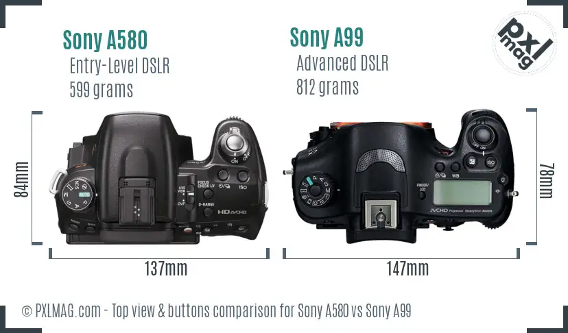 Sony A580 vs Sony A99 top view buttons comparison
