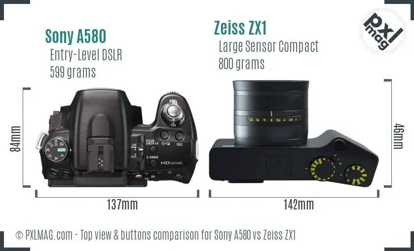 Sony A580 vs Zeiss ZX1 top view buttons comparison