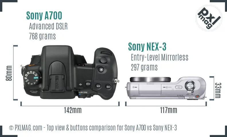Sony A700 vs Sony NEX-3 top view buttons comparison