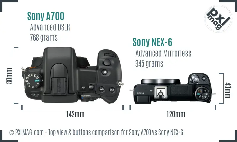 Sony A700 vs Sony NEX-6 top view buttons comparison