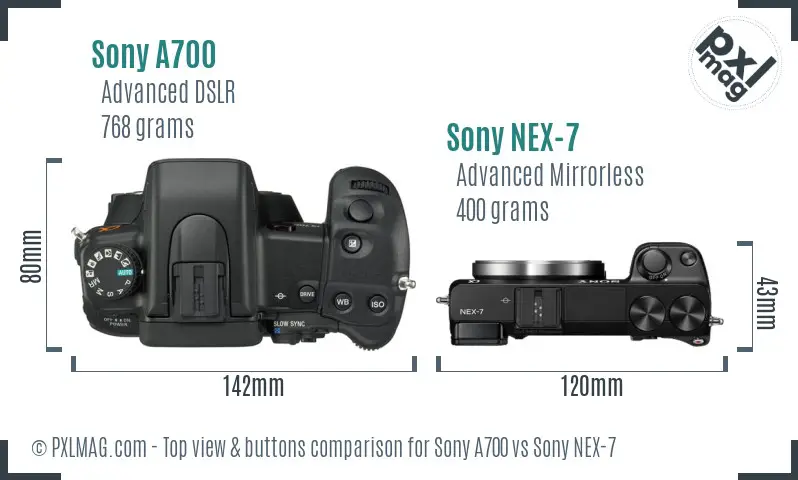 Sony A700 vs Sony NEX-7 top view buttons comparison
