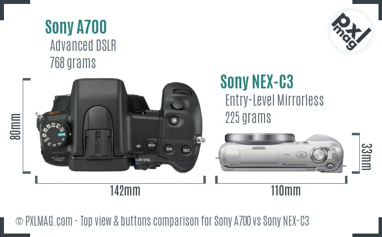 Sony A700 vs Sony NEX-C3 top view buttons comparison