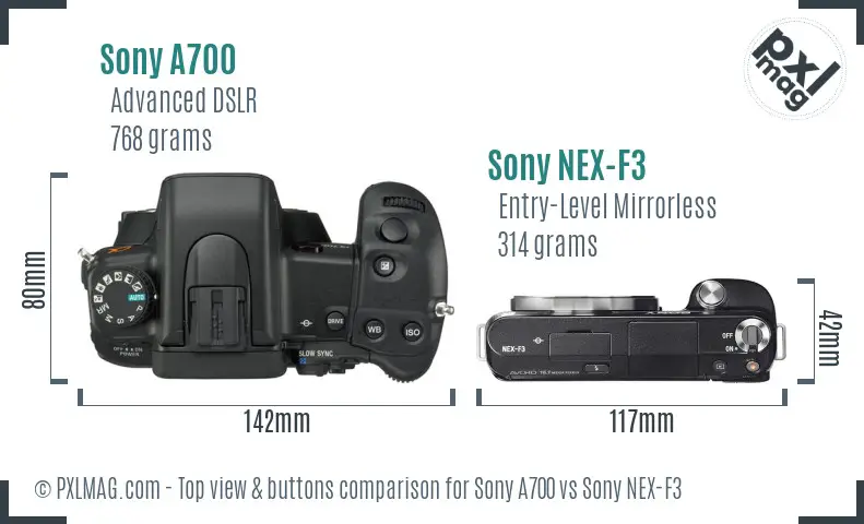 Sony A700 vs Sony NEX-F3 top view buttons comparison