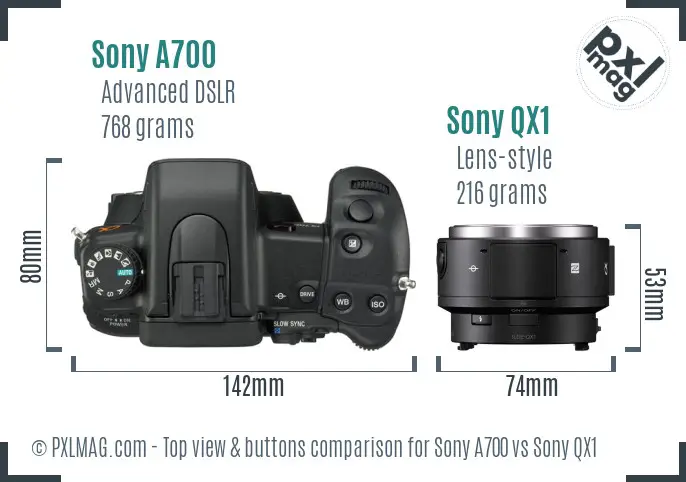 Sony A700 vs Sony QX1 top view buttons comparison