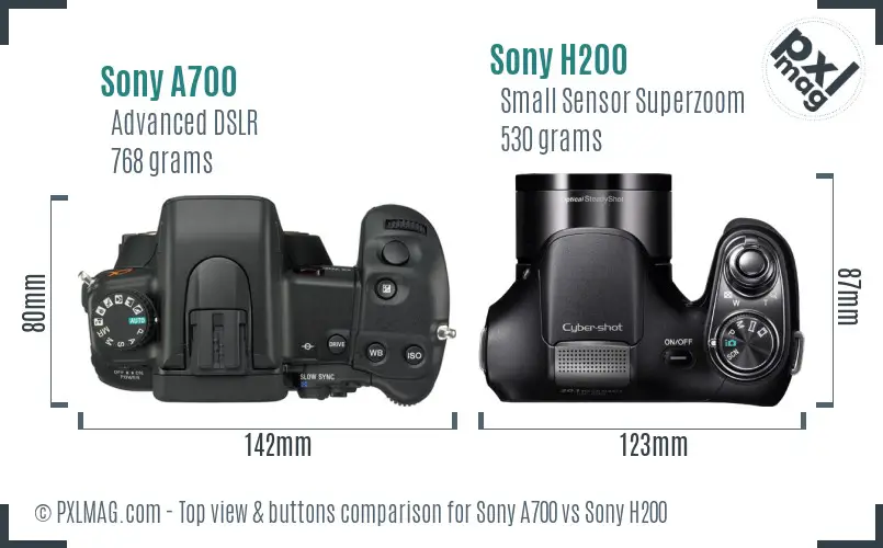 Sony A700 vs Sony H200 top view buttons comparison