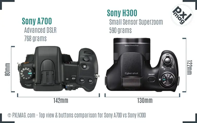 Sony A700 vs Sony H300 top view buttons comparison